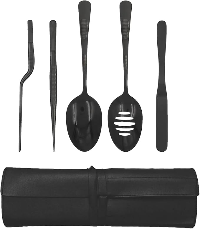 Professional Chef Tools | Plating Tools Culinary Set | Piece Culinary Tool Set | Premium Stainless Steel Chef's Plating Tool Set | Kitchen Tweezers & Fish tongs & Spatula & Slotted Spoon (Black) (5)