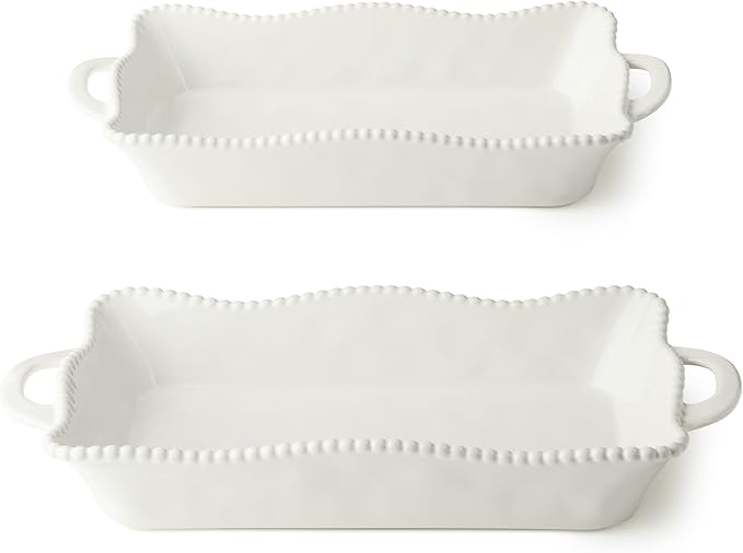 Perlette Cream Large Rectangular Ceramic Baker – 19 x 10 Inch Scalloped Oven-to-Table Stoneware Bakeware with Beaded Rim – Elegant Farmhouse Bake Dish for Lasagna, Casseroles, and Hosting