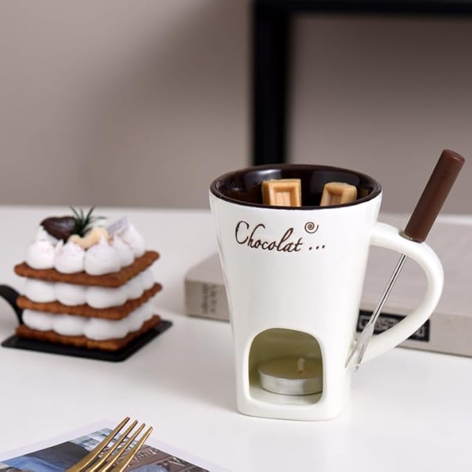 Fondue Mugs,Fondue Cup,Heat Resistant Ceramic Mini Fondue Set with Forks - Reusable Chocolate Melting Cup for Desserts, Date Nights & Parties (WHITE)