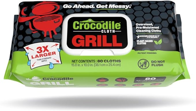 Crocodile Cloth Grill - 80 (15" x 10") Plant-based Cleaning Wipes. Safe on Skin & Multiple Surfaces. Infused with Aloe & Vitamin E. Large, Pre-Moistened & Absorbent.
