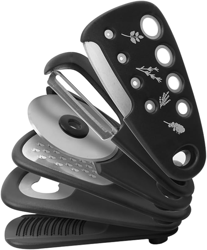 Multipurpose Kitchen Tool Set with Bottle Opener, Vegetable Peeler, Cheese Grater, Pizza Cutter, and Garlic Grinder – Stainless Steel and Plastic, Compact Design for Home Cooking