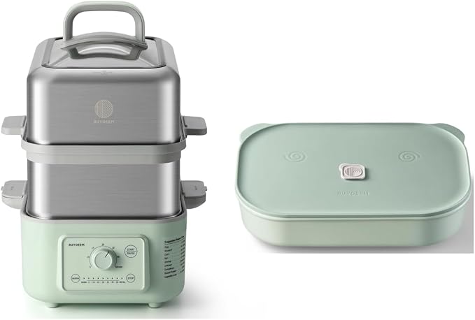 BUYDEEM G52 10.6 Quart Electric Food Steamer Bundle with CT3008 Ceramic Food Storage Container 35 oz Cozy Greenish