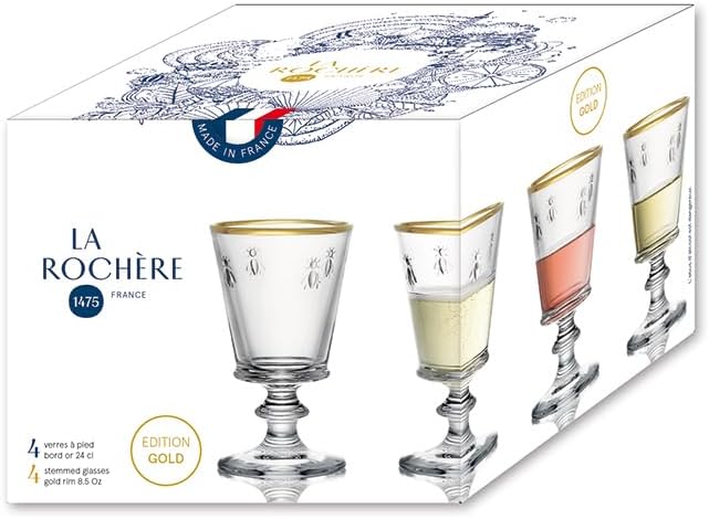 La Rochere Gold Rimmed Napoleon Bee Stemmed Wine Glass Set of 4 – Vintage Wine Glasses – Gold Rimmed Glassware (9 oz)