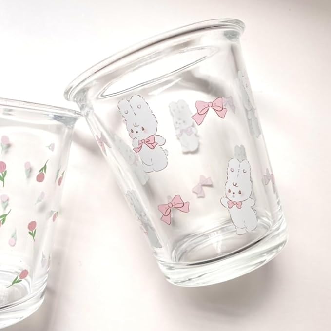 Ivymei Set of 2 12 OZ Cute Drinking Glasses Bow Glass Coffee Cups Rabbit Glass Cups for Juice, Iced Tea, Coffee, Latte, Milk, Dessert, Stackable Glassware Drinkware Set (Pink)