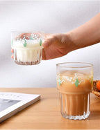 Set of 2 Floral Drinking Glasses Flower Glass Coffee Cups Cute Lily of the Valley Glass Cups for Juice,Iced Coffee,Milk,Tea,Dessert,Latte,Stackable Flower Glassware Drinkware Set(green)
