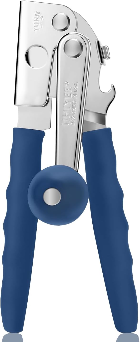 Commercial Can Opener, UHIYEE Hand Crank Can Opener Manual Heavy Duty with Comfortable Extra-long Handles, Oversized Knob, Large Handheld Can Open Easy for Big Cans, Blue