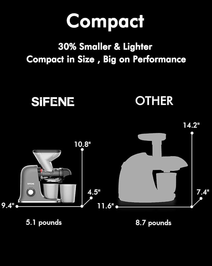 SiFENE Cold Press Juicer Machine, Compact Slow Masticating Juicer with Dual Feed Chute, Easy to Clean Fruit and Vegetable Extractor for Small Kitchen RV, Retro Toggle Switch, White