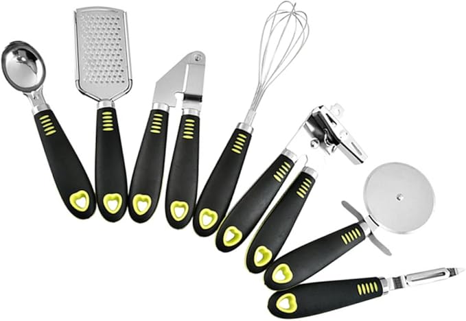PRETYZOOM 7pcs Stainless Steel Kitchen Gadgets Set Utensils Griddle Spatula Tongs Cheese Grater Pizza Wheel Can Opener for Cooking
