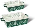 Domini Casserole Dishes for Oven, Ceramic Baking Dishes for Oven Set of 2, Lasagna Pan Deep, Baking Pan Set Square Casserole Dish Set with Handles for Baking, Pattern Green(11.4+8.5inch) Christmas
