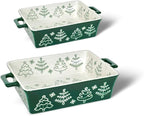 Domini Casserole Dishes for Oven, Ceramic Baking Dishes for Oven Set of 2, Lasagna Pan Deep, Baking Pan Set Square Casserole Dish Set with Handles for Baking, Pattern Green(11.4+8.5inch) Christmas