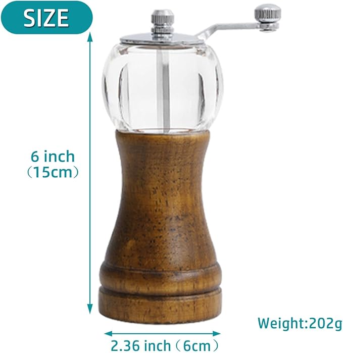 Pepper Mills, Classical Roast Black Manual Pepper Grinder Set，Hand Shake Salt Mill，Retro Style Wood， Acrylic，Ceramic Blades，Metal Handle, Enjoy Fresh Pepper (Walnut color 1pcs-6in)