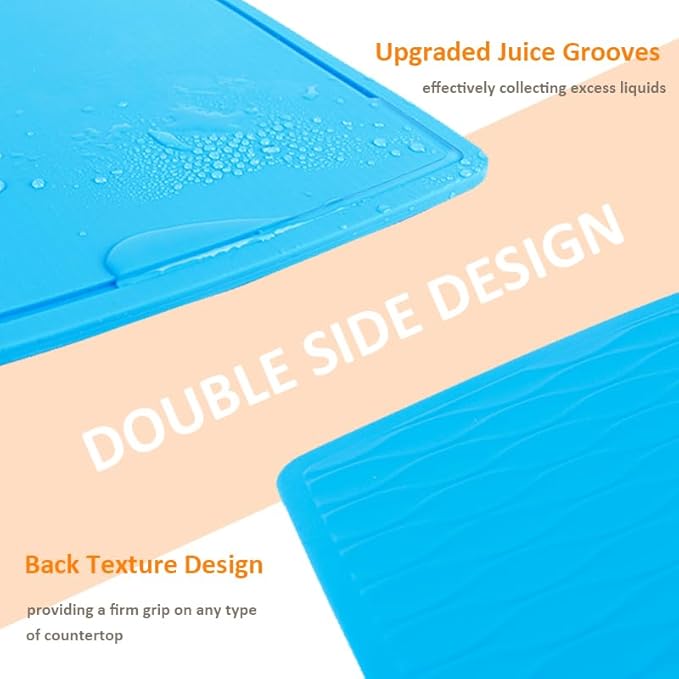 Liflicon Thick Silicone Cutting Boards for Kitchen Silicone Chopping Boards/Mats Set of 2 Extra Large14.6''x10.43'', Mini 9.1”x7.1” Non-slip Deep Drip Juice Groove, Dishwasher Safe-Blue