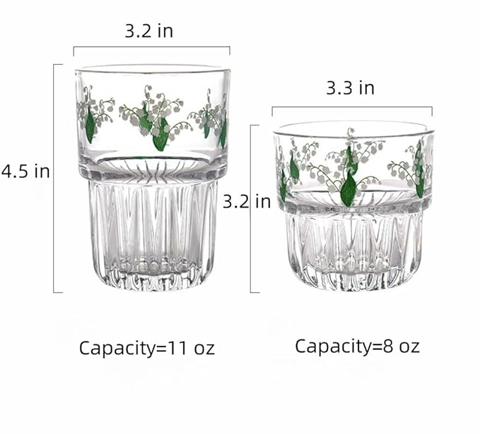 Ivymei Set of 2 Floral Drinking Glasses Cute Glass Coffee Cup Lily of the Valley Glass Cups for Juice,Iced Tea,Coffee,Latte,Dessert,Stackable Flower Glassware Drinkware Set(green)