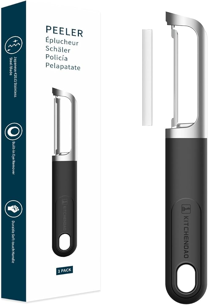 KITCHENDAO Swivel Vegetable Potato Peeler for Kitchen -Durable Japanese 420J2 Stainless Steel Sharp Dual Blade- Built-in Eye Remover, Ergonomic Soft-touch Handle - Dishwasher Safe-Black