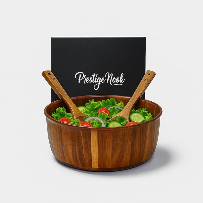 Extra Large Wooden Salad Bowl - 12“ x 5” Acacia Wood Serving bowl with 2 servers, Large Fruit bowl for food with serving utensils, Housewarming Wedding Christmas Gift
