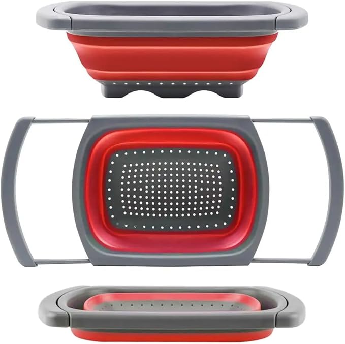 Over the Sink Collapsible Colander Strainer (5 Quart) with Extendable Handles, BPA Free Silicone Kitchen Strainer for Vegetables, Fruit & Pasta, Foldable Sink Colander Basket (1pc red)