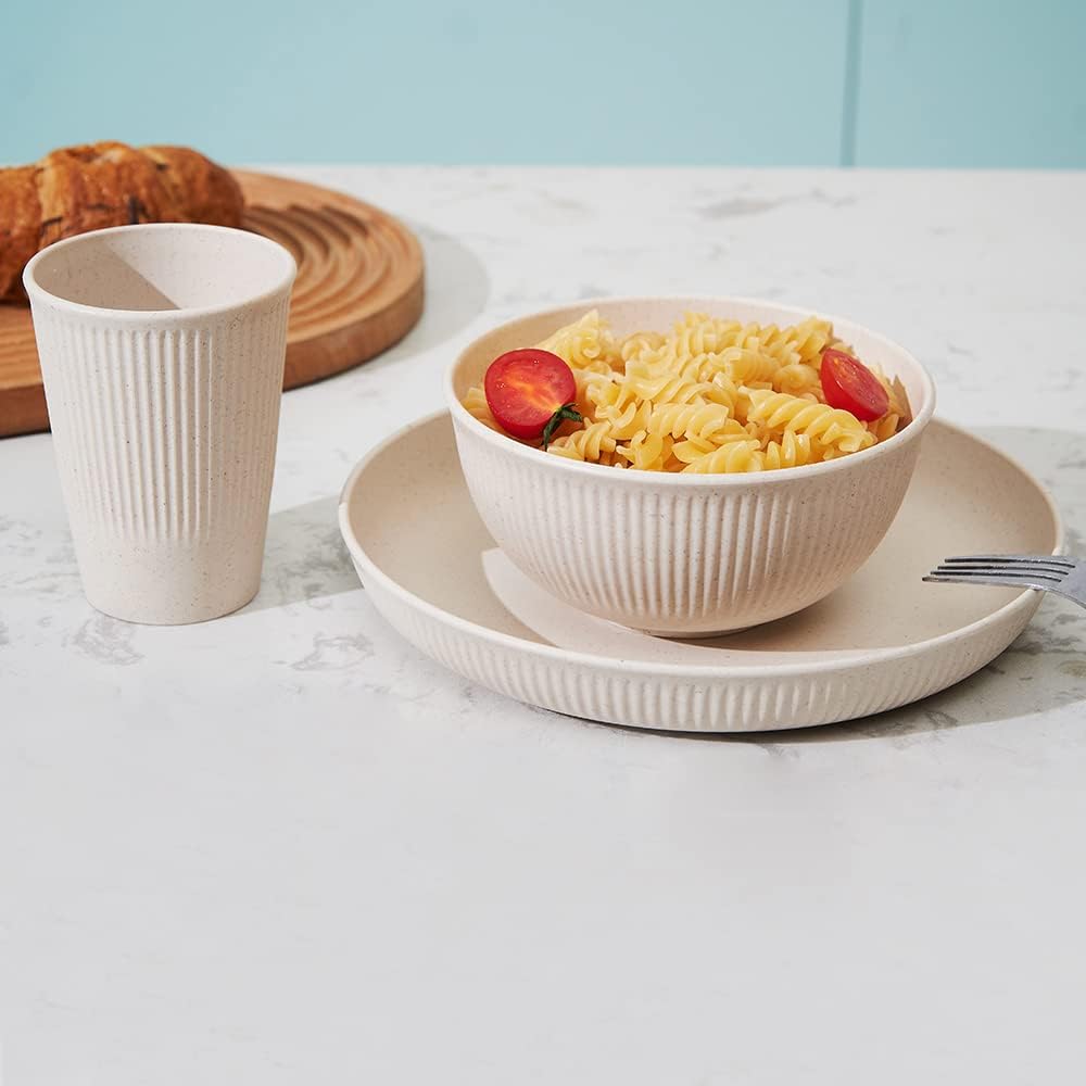 18 Piece Wheat Straw Dinnerware Set – Unbreakable Reusable Plates & Bowls