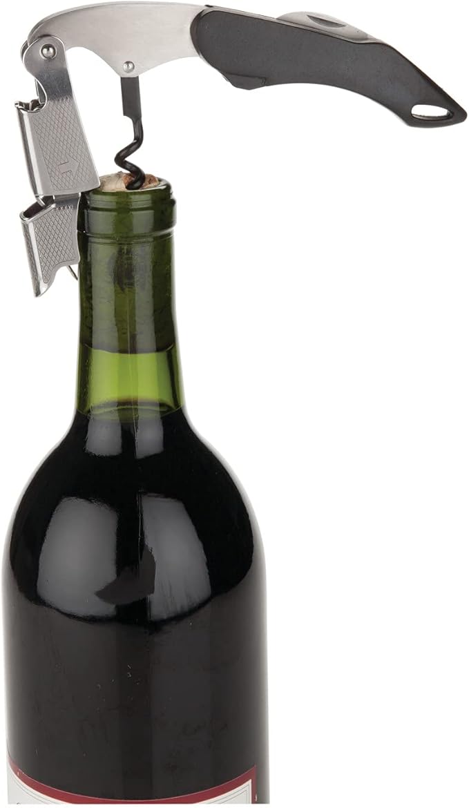 True Sommelier Waiters Corkscrew Wine Opener, Stainless Steel with Built-in Bottle Opener and Sharp Foil Cutter for Bartenders, Home Bar, Kitchen, Travel, Gifts for Wine Lovers, Set of 1, Black