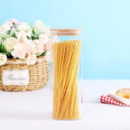 CZZGSM 3 Pack Square Kitchen Storage Jars with Airtight Bamboo Lids and 132 Pantry Labels - 80oz Glass Canisters with Wood Lids - Food Storage Containers for Spaghetti, Pasta, Fettuccine