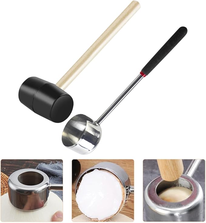 Stainless Steel Coconut Opener Tool Set, 2pcs Kitchen Gadget with Hammer and Extractor, Manual Coconut Shell Cracking Accessory for Household and Outdoor Use