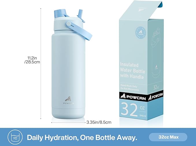 POWCAN 32 oz Insulated Water Bottle with 2-in-1 Straw and Spout Lid, Keep Cold 24H, Leak-Proof, BPA-Free, Double Wall Stainless Steel Water Bottle for Sports, Gym, Travel, and School (Sea Breeze)
