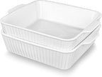 10" Square Ceramic Casserole Dish Set of 2-2.6 Qt Deep Baking Dishes with Handles for Oven, Lasagna Pan for Casseroles Cake Bread, Microwave Dishwasher Safe Bakeware Set, White