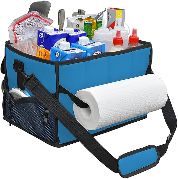 Large Grill Caddy with Paper Towel Holder - BBQ Caddy Organizer for Utensil, Condiment - Easy Carry Picnic Bag - Griddle Bag for Camping, Travel, RV - 600D Waterproof Oxford Fabric, Blue