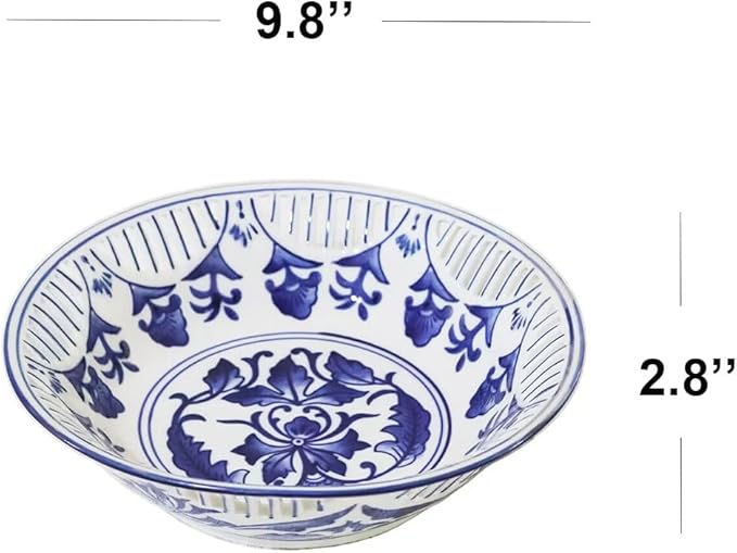 Aimusego Decorative Porcelain Fruit Serving Bowl Basket for Home and Kitchen, Chinoiserie Blue and White Floral Design, Scalloped Edge with Cutout Pattern (Leaf)