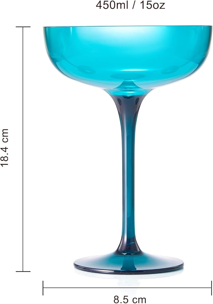 Plastic Acrylic Shatterproof Martini, Margarita, Champagne & Cocktail Unbreakable Glasses, Large Coupe Glasses 15oz, 6 Set, Tritan European Design Drinkware, BPA-free,Reusable, Pool, Indoor & Outdoor