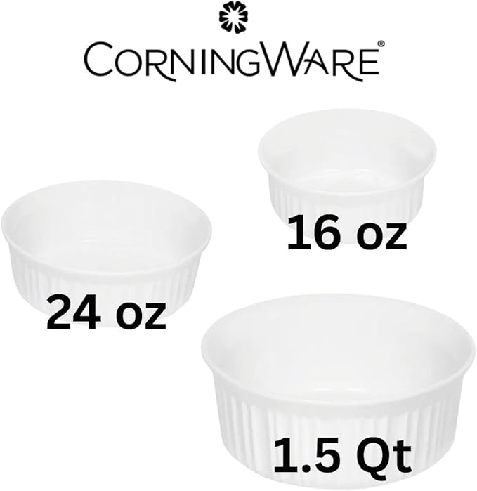 CorningWare French White 3-Piece Round Baking Dish Set - 1.5 Quart, 24 Oz, 16 Oz - Durable Ceramic Bakeware for Oven, Microwave & Dishwasher Safe