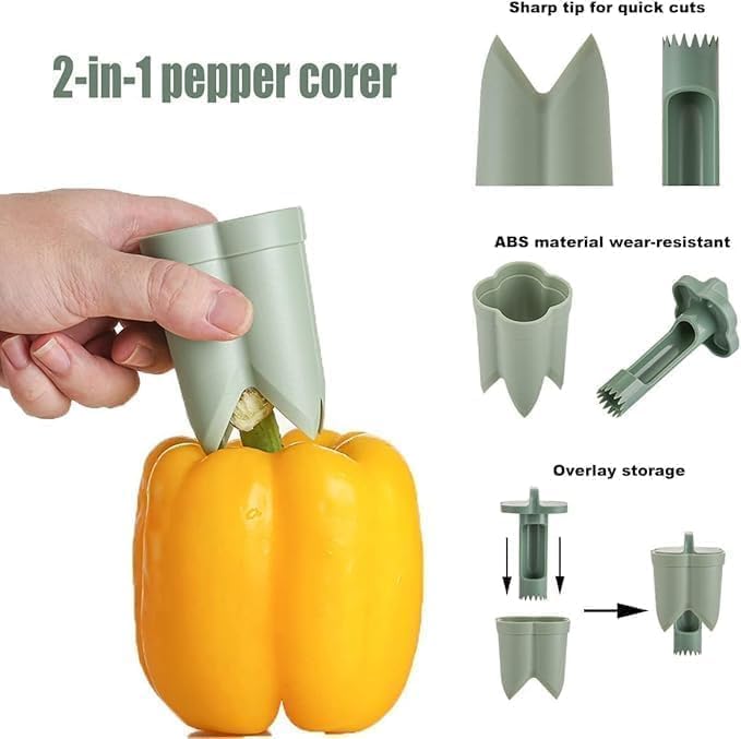 Pepper Corer Seed Remover Tool, Bell Pepper Core Cutter Deseeder, 2 in 1 Fruit & Vegetable Core Tools for Kitchen Family Camping Restaurant (Green)