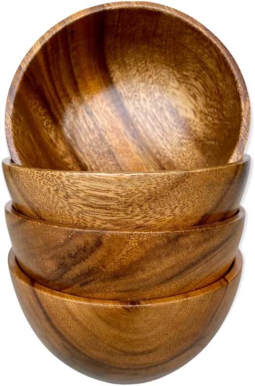Wooden Bowl Set of 4, Small Acacia Wood Bowls, 5” Diameter, 2.5” Tall, 8 oz Capacity, Handcrafted Bowls for Salad, Snacks, Fruit & Kitchen Gifting