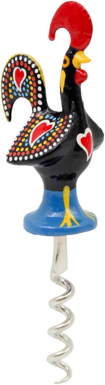 Traditional Hand-Painted Portuguese Rooster Corkscrew - Metal Good Luck Wine Bottle Opener, Decorative Bar Tool (Black)