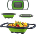 Over the Sink Collapsible Colander Strainer (5 Quart) with Extendable Handles, BPA Free Silicone Kitchen Strainer for Vegetables, Fruit & Pasta, Foldable Sink Colander Basket (1pc green)