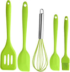 KALLORY 5pcs Green Silicone Kitchen Utensils Set with Whisk and Spatula, Nonstick Heat Resistant Cooking Tools for Baking and Food Preparation