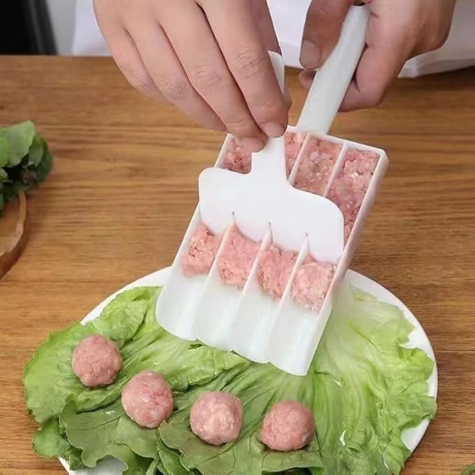 White Creative Kitchen Meatball Maker, 4 Baller Spoons with Cutting Spade, Multifunction Ice Cream Scoop, DIY Meatball, Patty, Fish Ball, Burger Making Tools