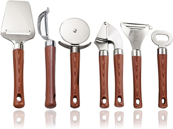 6-Piece Kitchen Tools and Gadgets Set with Wood Imitation Handle BRIIEC Stainless Steel Cooking Utensils Kitchen Accessories Includes Can Opener Garlic Press Peeler