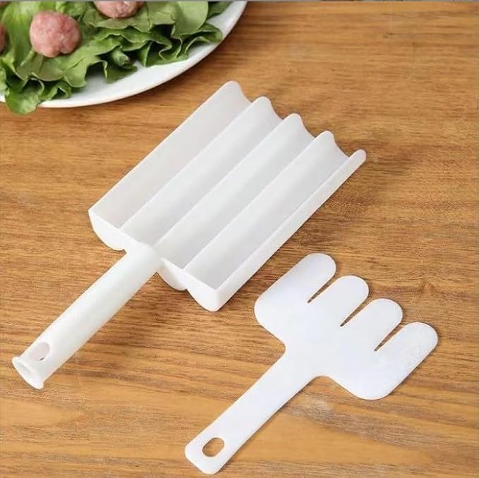 White Creative Kitchen Meatball Maker, 4 Baller Spoons with Cutting Spade, Multifunction Ice Cream Scoop, DIY Meatball, Patty, Fish Ball, Burger Making Tools