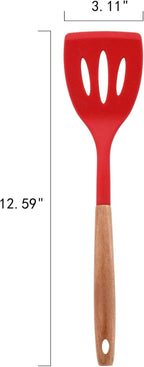 10-Piece Silicone Kitchen Utensils Set with Acacia Wood Handles, Nonstick Safe, Heat Resistant Cooking Tools for Everyday Use (RED)