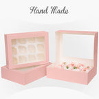 qiqee Auto-pop Up Cupcake Boxes with Window Pink 40PCS 12 Count Cupcake Box 13"x10"x3.5" Cupcakes Carrier, 12 Cupcake Containers with 2 rolls of pink ribbons
