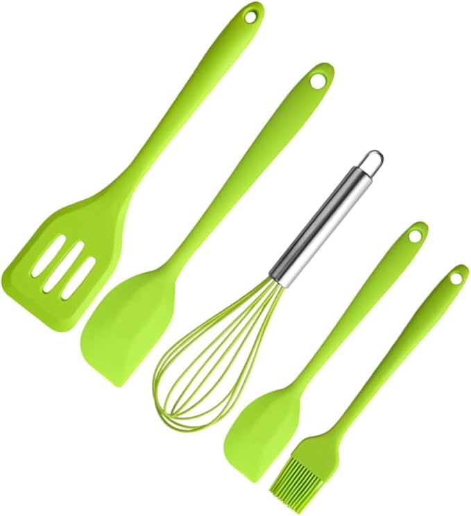 VALICLUD Silicone Kitchen Cooking Utensils Set 5pcs Heat Resistant Non-stick Baking Tools Green Household Cooking Gadgets for Home Use
