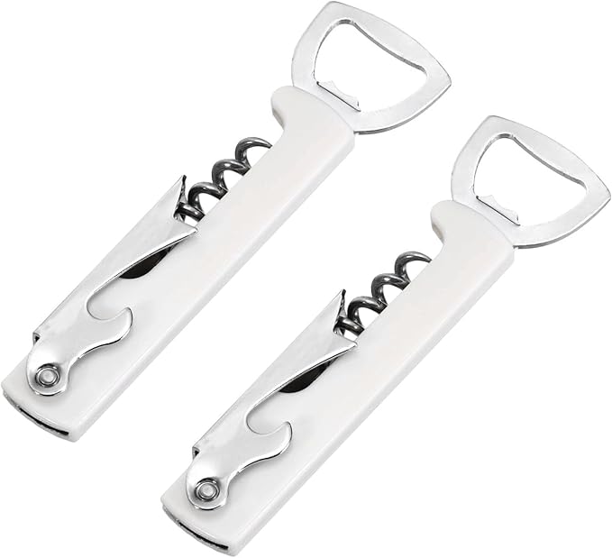 uxcell 2 Pcs Wine Opener, Bottle Opener, Durable Stainless Steel Waiter's Corkscrew, Compact All-In-One Home Bar Tool for Bar, Party, Wedding, Home, Travel, White
