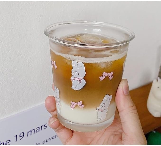 Ivymei Set of 2 12 OZ Cute Drinking Glasses Bow Glass Coffee Cups Rabbit Glass Cups for Juice, Iced Tea, Coffee, Latte, Milk, Dessert, Stackable Glassware Drinkware Set (Pink)