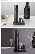 Black Electric Wine Bottle Opener Set 5-in-1 Wine Tool (Electric Bottle Opener+Pourer+Vacuum Stopper+Tin Cutting Knife+Storage Base) Wine Enthusiast Gift Essential for Home Bars
