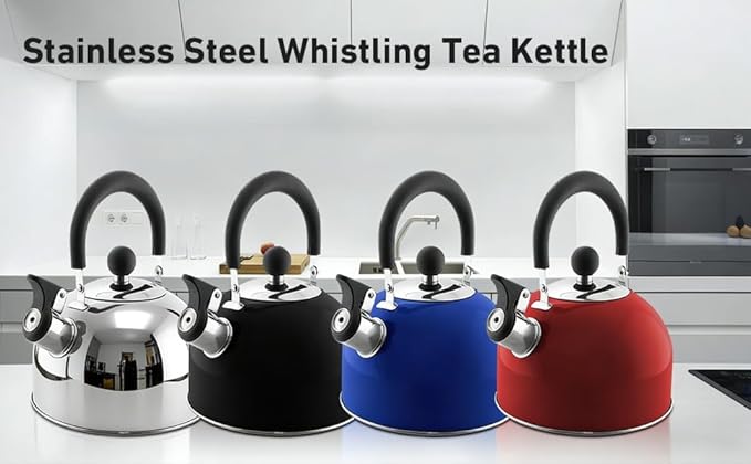 Lily's Home 2 Quart Stainless Steel Whistling Tea Kettle, the Perfect Stovetop Tea and Water Boilers for Your Home, Dorm, Condo or Apartment. Red