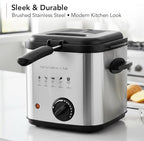 OVENTE Electric Deep Fryer, 1.5L Capacity, 800W with Adjustable Temperature, Viewing Window Lid, Removable Frying Basket & Cool-Touch Handles, Stainless Steel Countertop Fryer, Silver FDM1501BR