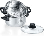 CONCORD 3 Quart Stainless Steel 3 Piece Steamer Cookware Set. Features 2 Quart Veggie Steamer and 3 Quart Cooking Pot with tempered glass lid. (INDUCTION COMPATIBLE)