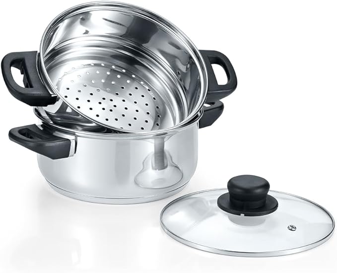 CONCORD 3 Quart Stainless Steel 3 Piece Steamer Cookware Set. Features 2 Quart Veggie Steamer and 3 Quart Cooking Pot with tempered glass lid. (INDUCTION COMPATIBLE)