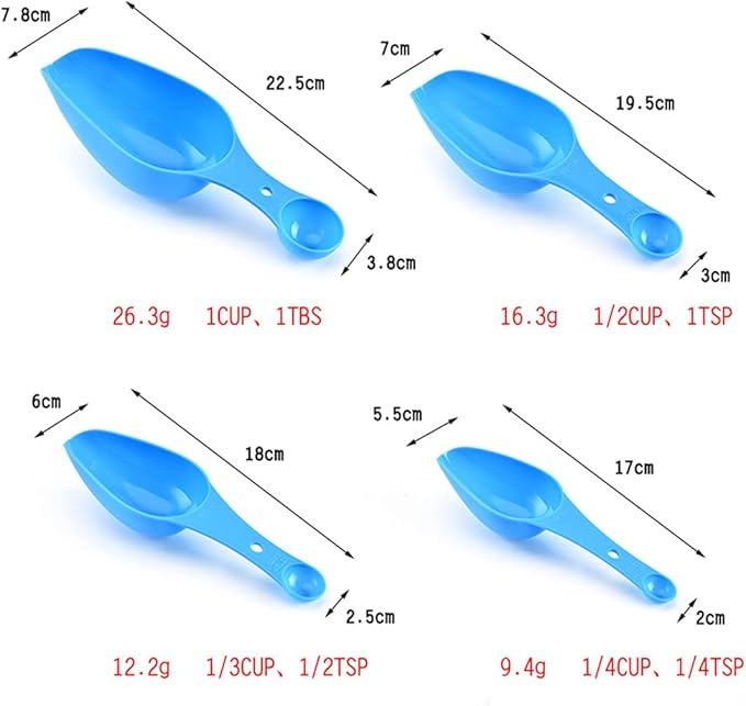 Double Ended Plastic Measuring Scoops & Spoons Set of 4 - Kitchen Scoops for Ice Flour Powder Spice Pet Food - Measuring Tools Great for Dry and Liquid Ingredients (Red)