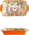 Ceramic Baking Pan, Forest Animals Pattern Tableware With Handle Salad Bowl Au Gratin Dish(Bear rectangular)